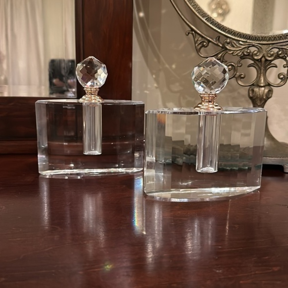 Large Oleg Cassini Perfume Bottle with gold colored trim diamond cut embellishme